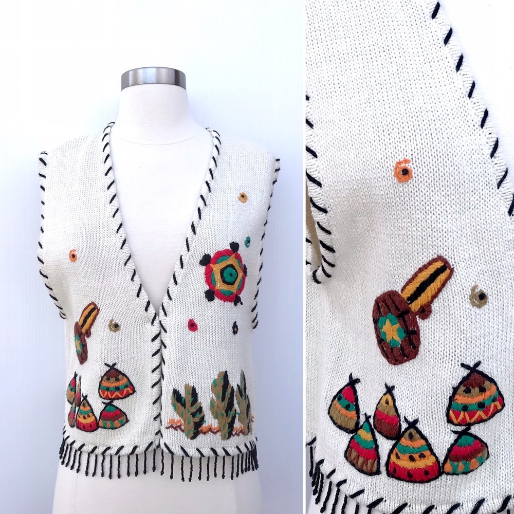 Vintage 80’s southwestern embroidered cactus native tassel sweater vest top - Picture 2 of 7